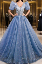 A-Line Formal Prom Dress Puffy Dress Quinceanera Floor Length Short Sleeve V Neck Tulle With Sequin