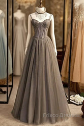 A-Line Formal Prom Dress Sexy Dress Formal Floor Length Sleeveless Strap Tulle With Pleats Crystals