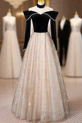 A-Line Formal Prom Dress Sparkle & Shine Dress Engagement Floor Length Long Sleeve Sweetheart Tulle With Sequin