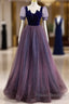 A-Line Formal Prom Dress Sparkle & Shine Dress Formal Prom Floor Length Short Sleeve Scoop Neck Tulle With Sequin