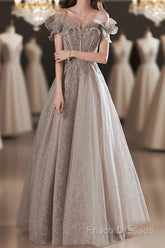 A-Line Formal Prom Dress Sparkle & Shine Dress Wedding Guest Formal Prom Floor Length Short Sleeve Off Shoulder Polyester With Sequin Ruffles