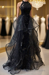 A-Line Formal Prom Dress Sparkle & Shine Dress Wedding Party Sweep / Brush Train Sleeveless Sequined with Crystals Sequin Ruffles