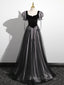 A-Line Puff Sleeves Black Long Formal Prom Dress, Black Sweet 16 Dress
