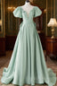 A-Line Puff Sleeves Green Long Formal Prom Dress, Green Formal Dress