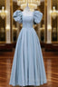 A-Line Puff sleeves Long Blue Formal Prom Dress, Square Neckline Blue Long Formal Dress