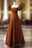 A-Line Puff Sleeves Satin Long Formal Prom Dress, Long Formal Dress