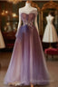 A-Line Purple Gradient Tulle Beaded Long Party Dress, Purple Tulle Formal Prom Dress