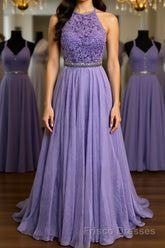 A Line Purple Lace Long Formal Prom Dresses with Belt, Purple Lace Formal Dresses, Purple Evening Dresses, Bridesmaid Dresses