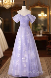 A-line Purple Tulle with Lace Off Shoulder Formal Dress, Purple Tulle Formal Prom Dress