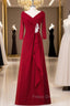 A Line Red Full Sleeve V-Neck Long Mother of the Bride Dresss