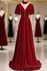 A-Line Red High Neckline Velvet Long Party Dress Short Sleeves Velvet Formal Prom Dress