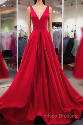 A Line Red Formal Prom Dress V Neck Satin Long Formal Dress