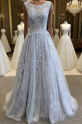 A Line Round Neck Lace Grey Formal Prom Dresses, Lace Grey Formal Dresses