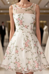 A Line Round Neck Short Lace Floral Formal Prom Dress, Short Lace Floral Formal Homecoming Dress