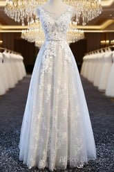 A Line Round Neck Sleeveless Lace Grey/Pink/Champagne Formal Prom Dress, Lace Formal Dress, Formal Dress