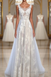 A Line Round Neck Sleeveless Lace Formal Prom Dresses, Lace Formal Dresses