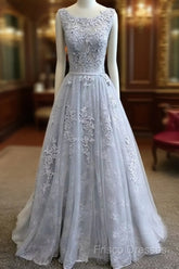 A-Line Round Neck Tulle Lace Long Gray Formal Prom Dress, Bridesmaid Dress