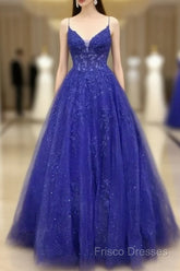 A-Line Royal Blue Formal Gown Long V-Neck Lace Formal Prom Dress Applique