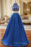 A-Line Royal Blue Satin Two Piece Halter Backless Formal Prom Dress With Crystal