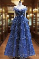 A Line Royal Blue Tulle Beaded Long Senior Formal Prom Dress