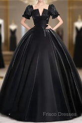 A-Line Satin Black Long Formal Prom Dress Quinceanera Dress Short Sleeves Formal Dress