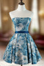 A-Line Satin Blue Short Formal Prom Dress, Blue Homecoming Dress