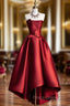 A-Line Satin Short Formal Prom Dress, Burgundy Strapless High Low Party Dress