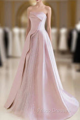 A-Line Satin Tulle Pink Long Formal Prom Dress, Pink Long Formal Dress