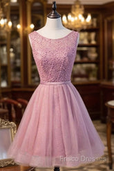 A-Line Scoop Neck Short Tulle Homecoming Dress With Beading