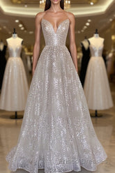 A line sequin long Formal Prom Dresses, Champagne sequin evening Dresses