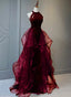 A-Line Sequins With Tulle Wine Red Long Party Dress, Wine Red Halter Prom Dress