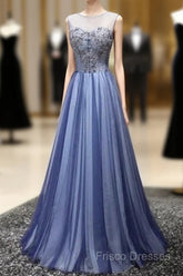 A Line Sheer Neck Rhinestones Long Tulle Formal Prom Dress Floor Length Beautiful