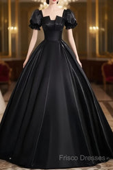 A-Line Short Sleeve Black Satin Long Formal Prom Dress, Black Long Formal Dress