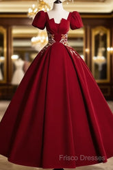 A-Line Short Sleeve Satin Lace Applique Burgundy Long Formal Prom Dress