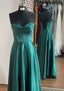 A-Line Silk Like Emerald Green Satin Formal Prom Dress Ruched Pleated