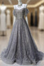 A-Line Spaghetti Strap Mesh Sequin Long Formal Prom Dress Graduation Formal Prom Adult Ceremony Dress