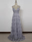 A Line Spaghetti Straps Backless Gray Lace Prom Dresses, Gray Backless Formal Dresses, Backless Lace Evening Dresses