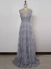 A Line Spaghetti Straps Backless Gray Lace Prom Dresses, Gray Backless Formal Dresses, Backless Lace Evening Dresses