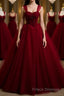 A Line Spaghetti Straps Beaded Burgundy Tulle Long Formal Prom Dresses, Long Burgundy Formal Evening Dresses