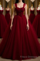 A Line Spaghetti Straps Beaded Burgundy Tulle Long Formal Prom Dresses, Long Burgundy Formal Evening Dresses
