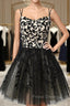 A Line Spaghetti Straps Black Homecoming Dress Short Formal Prom Dress with Appliques