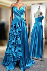 A Line Spaghetti Straps Satin Formal Prom Dress With Slit And Flounced