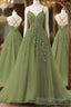 A-Line Spaghetti Straps Sweep Train Formal Prom Dress, Sage Green Tulle Formal Dress