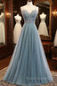 A-Line Spaghetti Straps Tulle Beaded Long Formal Prom Dress, Cute Evening Party Dress