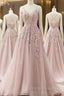 A-line Spaghetti Straps Tulle Formal Prom Dress with Appliques