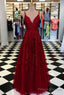 A-Line Spaghetti Straps V Neck Lace Prom Dress