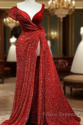 A-Line Sparkle & Shine High Split Formal Prom Formal Evening Dress V Neck Short Sleeve Court Train Satin With Sequin Slit