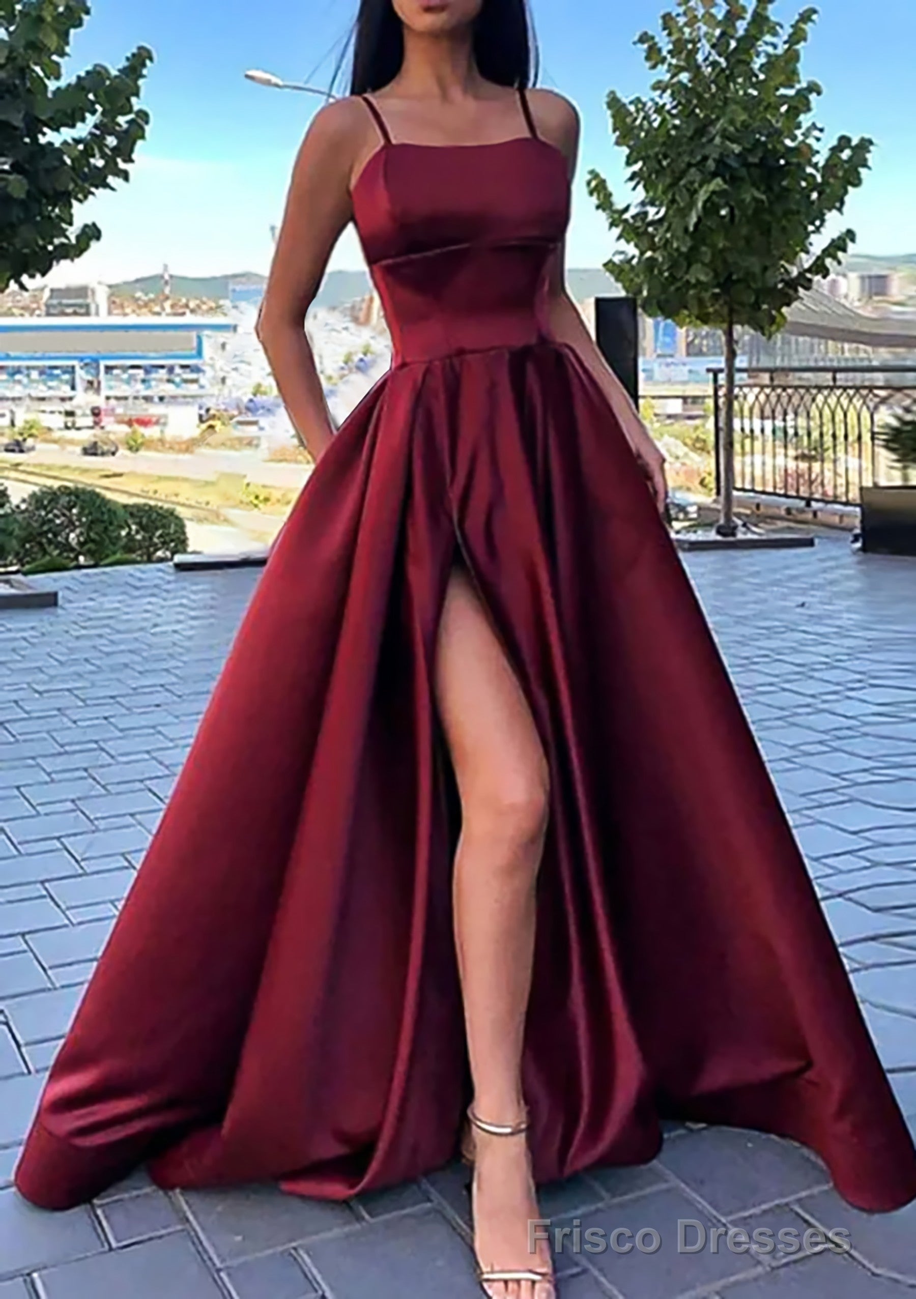 A-line Square Neckline Spaghetti Straps Long/Floor-Length Satin Prom D Frisco Dresses A-line Square Neckline Spaghetti Straps Long/Floor-Length Satin Prom D Frisco Dresses