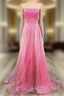 A-Line Strapless Hot Pink Sequins Long Formal Prom Dress