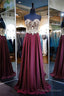 A Line Strapless Long Burgundy Chiffon Gold Lace Prom Dress